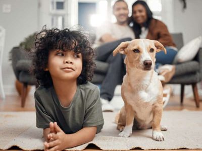 A young boy watching his pet dog